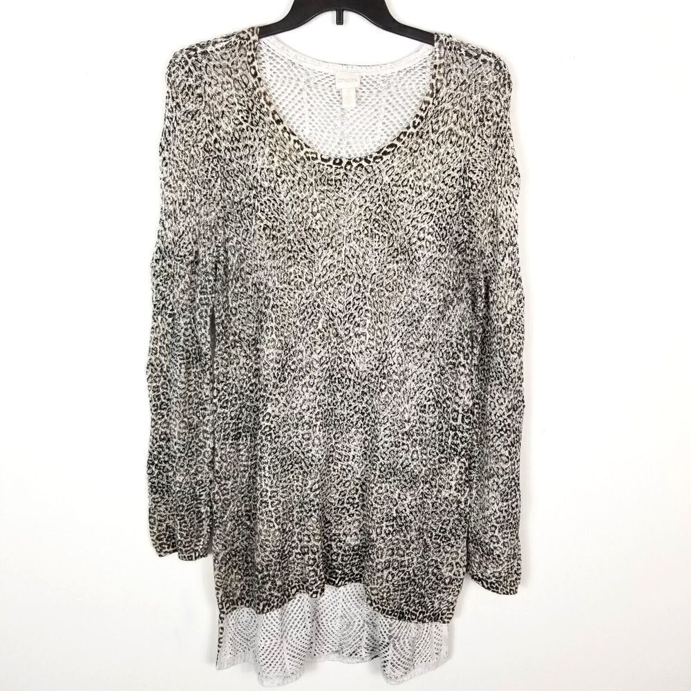 Chico's Women Crochet Tunic Sweater  size L Gray Long sleeve Layered‎ Pullover